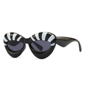 Futuristic cat-eye sunglasses with white stripe design and broad wavy temples in black - Black White Striped