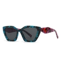 Retro marble pattern oversized square sunglasses with red triangle detail on white background - Green Purple