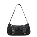 Bolso de hombro en mezclilla negra retro con bolsillos dobles y hebillas de metal plata - Negro