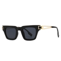 Retro square sunglasses with black glossy frames and decorative gold metal hollow temples - Black Frame Black Gray Lens (C1)