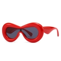 Futuristic wave wrap sunglasses in bright red plastic frame with dark grey lenses - Red