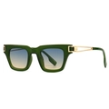 Lunettes de soleil carrées vert foncé avec branches géométriques dorées et dégradé bleu - Monture Verte Verres Bleu Thé (C7)