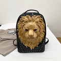 Black leather backpack featuring a 3D gold lion head relief and metal studs decor - Gold