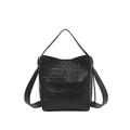 Elegante borsa a secchiello nera con trama coccodrillo e doppie tracolle - Nero