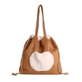 Brown suede tote bag with white fleece heart patch and drawstring closure for women - Brown