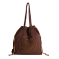 Retro dark brown bucket bag with plush heart detail and drawstring closure - Brown