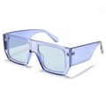 Detailed macro view of the purple resin sunglasses frame with CE safety markings - C6 Transparent Blue Frame Green Lens
