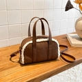 Brown faux suede bowling bag with white plush fleece trim and crossbody strap - Brown