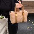 Fleece Boston handbag in beige plush and brown leather for autumn and winter style - Khaki