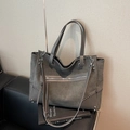 Retro large grey suede tote bag with decorative stitching and detachable shoulder strap - Gray