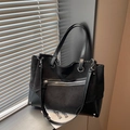 Large black tote bag in mixed matte suede and smooth leather with silver rivets - Black