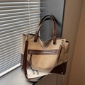 Retro contrast tote bag in beige canvas and brown leather with striped window light shadows - Khaki