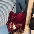 Bohemian burgundy suede hobo bag with long fringe tassels and detachable shoulder strap - Burgundy