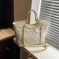 Chic beige quilted leather tote bag with elegant gold chain handle for women - Off White