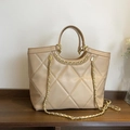 Milk tea beige quilted tote bag with diamond pattern and gold chain strap - Khaki