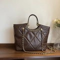 Dark brown quilted tote bag with golden chain handle and crossbody strap for office - Brown