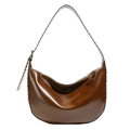 Brown high-gloss leather half-moon shoulder bag with silver rivet studs and grommet strap - Brown (PU)