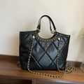 Large black quilted tote bag with gold chain strap and elegant rhombus pattern - Black