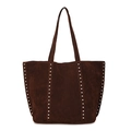 Dark brown suede tote bag featuring silver rivet studs and a large capacity design - Coffee