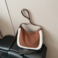 Vintage brown suede shoulder bag with white faux fur trim and adjustable strap - Brown