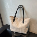 Borsa tote in velluto a coste bianco crema con manici in pelle nera e grande capienza - Bianco Sporco