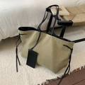 Bolso tote minimalista de lona verde mostaza con correas de cuero negro y estuche a juego - Caqui