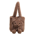 Borsa tote in morbido peluche marrone con simpatico orsetto 3D e tracolla lunga - Marrone
