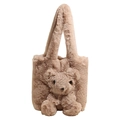 Elegante borsa tote in peluche marrone con orsetto 3D e morbida pelliccia ecologica - Cachi