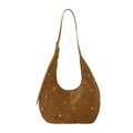 Brown suede hobo bag featuring gold star-shaped rivets and adjustable leather shoulder strap - Brown