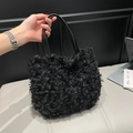 Bolso tote de piel sintética rizada negra con asas de cuero para invierno - Negro