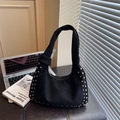 Black suede hobo bag with silver stud accents and wide shoulder strap in matte finish - Black