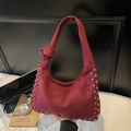 Deep red matte suede hobo bag with silver studs and knotted handle detail - Red