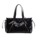 Black large capacity tote bag with gold zippers, fringe details and woven handle - Black