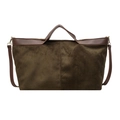 Bolso tote de ante marrón oscuro con ribetes de cuero y herrajes dorados - Verde