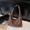 Brown frosted suede underarm bag with silver rivets and knotted handle design - Brown