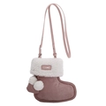 Borsa a tracolla rosa opaca a forma di calza con bordo in lana d'agnello e pompon bianchi - Rosa