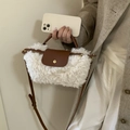 Mini plush crossbody bag in white faux shearling with brown leather trim and handle - Off White
