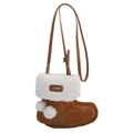 Borsa a tracolla retrò in pelle scamosciata a forma di stivale con pompon bianchi - Marrone