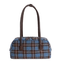 Schultertasche mit blau-braunem Karomuster, langen Ledergriffen und Doppelreißverschluss - Blau