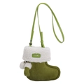 Borsa a tracolla minimalista verde bosco a forma di calzino con bordo in ecopelliccia bianca - Verde