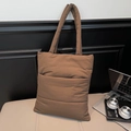 Brown quilted puffer tote bag with large capacity for travel and daily commuting - Brown