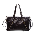 Dark coffee large tote bag with woven handles and golden zipper details in vintage style - Coffee