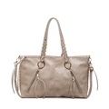 Beige large tote bag featuring woven handle details and stylish long tassel zippers - Khaki