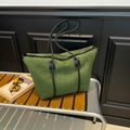 Deep green large capacity tote bag with suede texture and black woven shoulder straps - Green
