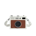 Dettaglio della borsa a tracolla a forma di fotocamera con pelle bianca e inserti marroni - Bianco e Marrone