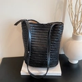 Handwoven black leather bucket bag with adjustable strap and premium textured finish - Black / Large 30*16*31cm