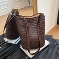 Handwoven dark brown leather bucket bag with adjustable strap and vintage texture - Brown / Large 30*16*31cm