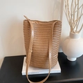 Light brown hand-woven bucket bag with adjustable shoulder strap and leather texture - Khaki / Large 30*16*31cm