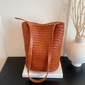 Handwoven caramel leather bucket bag with adjustable strap on minimalist decor - Brown / Large 30*16*31cm