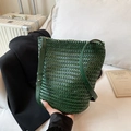 Handwoven dark green bucket bag with adjustable strap and premium leather texture - Dark Green / Large 30*16*31cm